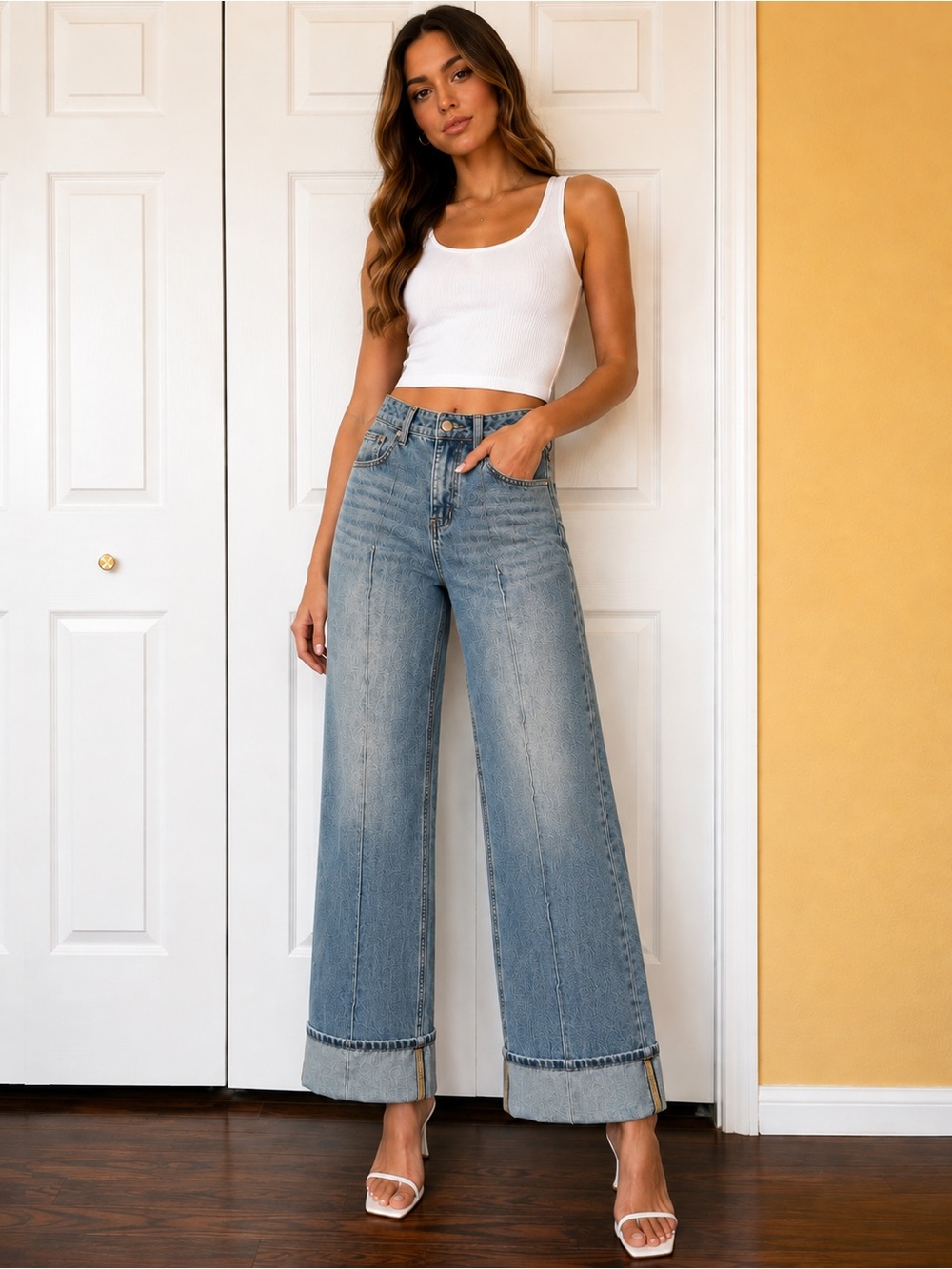 Fashion Nova Tall En Route Cuffed Wide Leg Jeans Size 7 Medium Wash NWT